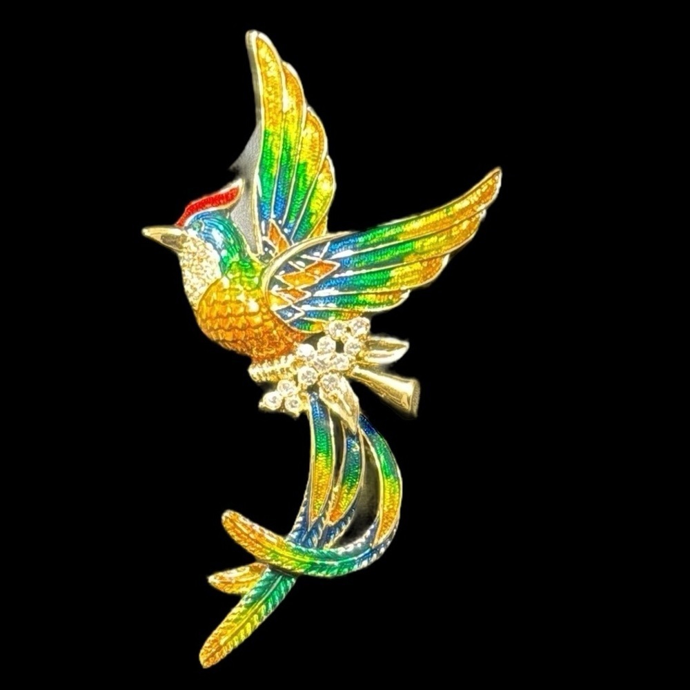 Hummingbird brooch, pin large, vibrant, colorful, feathers, enamel, rhinestones